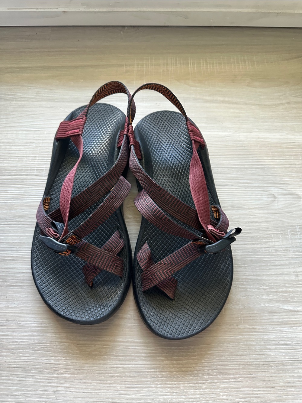 Chaco Men’s Black Sandals with Burgundy Straps - Outdoor Trail Flip-Flop